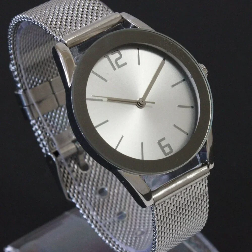 Accutime Ladies Quartz Watch Silver Tone With Wire Milanese Bracelet 34mm